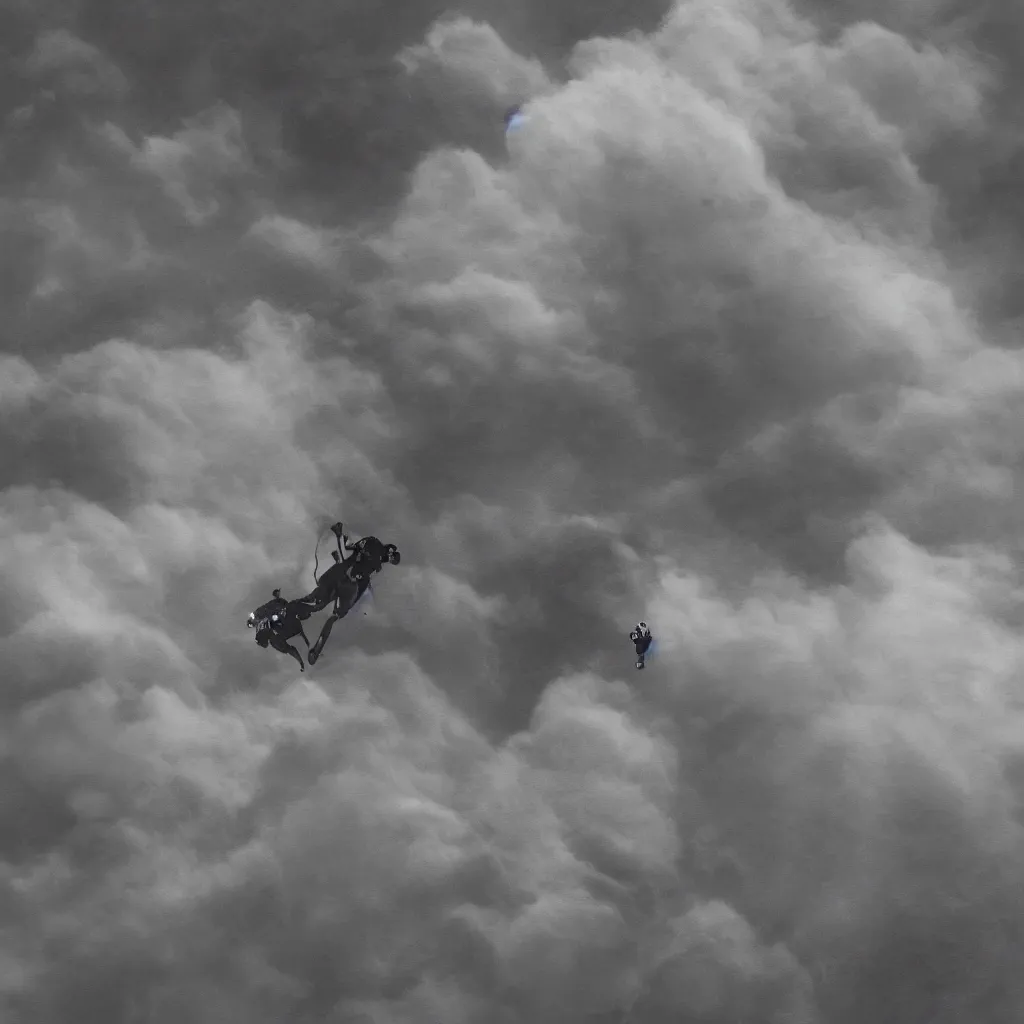 Image similar to a single scubadiver floating above the clouds, closeup, digital drawing