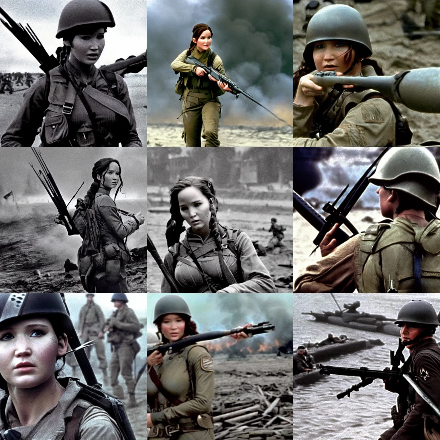 Prompt: Katniss Everdeen as a soldier, during D-Day Normandy landings, film still from Saving Private Ryan (1998)