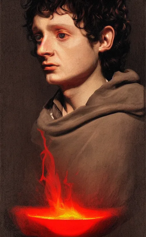 Image similar to a beautiful portrait painting of frodo, by diego velazquez, beautiful composition and structure, high contrast, high saturation, vivid ember colors, cross hatching featured on artstation, shading study, lighting study, studio lighting, pipe smoke, volumetric fog, artistic, cinematic, backlight, rim light, portrait study