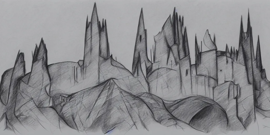 Prompt: sketch of a castle on the hill of a mountain design by antoni gaudi and zaha hadid, charcoal drawing, highly detailed, 8 k