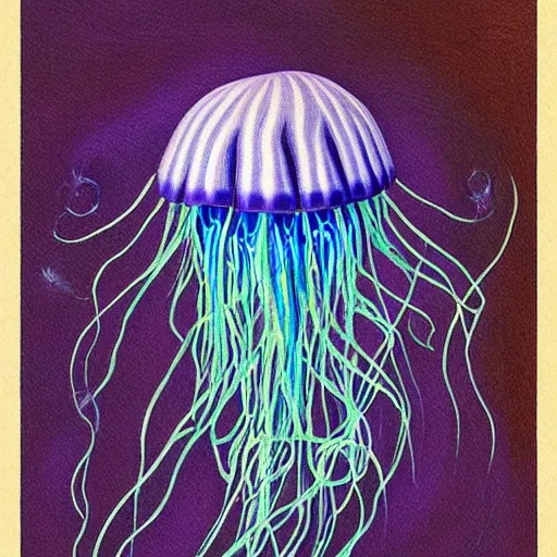 Image similar to a painting of a jellyfish in blue water, a digital painting by Earnst Haeckel, featured on deviantart, digital art, bioluminescence, luminescence, black background