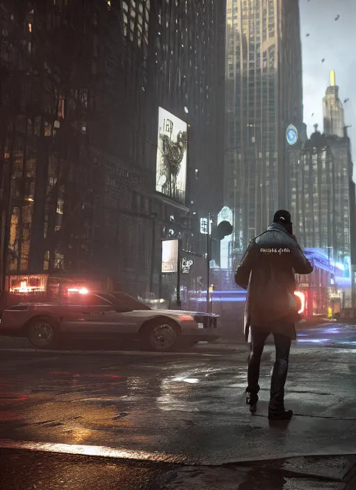 Image similar to watch dogs game, chicago city rainy detailed, soft lighting