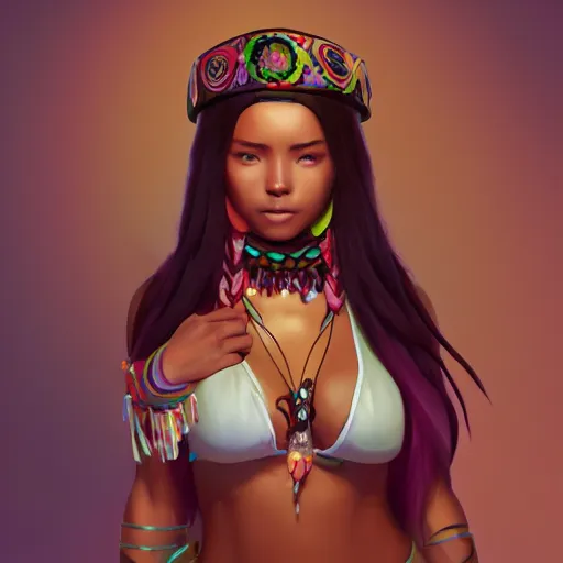 Image similar to scared beautiful female latin tribe member, happy appearance, ioyful vibe and lighting, cgsociety, artstation, in the style of artgerm