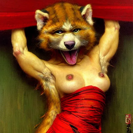 Prompt: furry splinter ninja mutant wearing a red kimono hairy furry body furry arms feet. highly detailed painting by gaston bussiere craig mullins jc leyendecker gustav klimt artgerm greg rutkowski