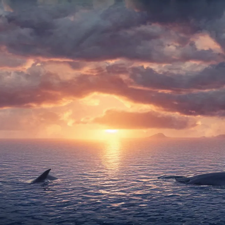 Image similar to vfx shot by weta digital and industrial light and magic ilm, a stunning beautiful blue whale made out of shiny reflective dripping liqud chrome swimming through fluffy giant sunset clouds, octane render, cinema 4 d, ray traced lighting, very short depth of field, bokeh