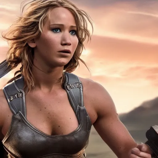 Image similar to first photos of 2 0 2 4 female 3 0 0 remake - muscular jennifer lawrence as leonidas, put on 1 0 0 pounds of muscle, looks different, steroids, hgh, ( eos 5 ds r, iso 1 0 0, f / 8, 1 / 1 2 5, 8 4 mm, postprocessed, crisp face, facial features )