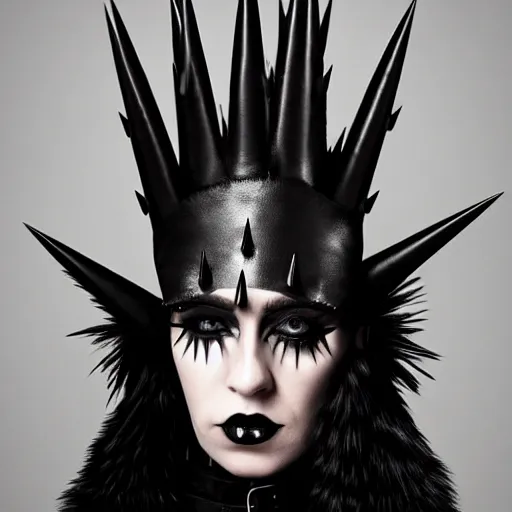 Prompt: a woman in a black leather outfit with spikes on her head, a high fashion character portrait by christen dalsgaard, featured on behance, gothic art, androgynous, genderless, gothic