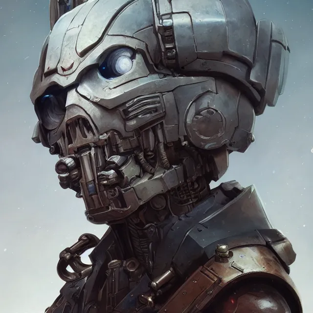 Image similar to hyper realistic portrait of warhammer android machine cinematic, artstation, cgsociety, full head, greg rutkowski, james gurney, mignola, craig mullins, brom