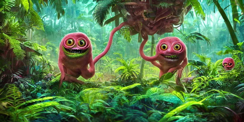 Prompt: of a sparse and bright jungle with strange cute friendly happy creatures with huge eyes, mouth, long tongues and round teeth appearing from the vegetation, in the style of gehry, macro lens, shallow depth of field, highly detailed, digital painting, trending artstation, concept art, illustration, cinematic lighting, vibrant colors, photorealism, epic, octane render