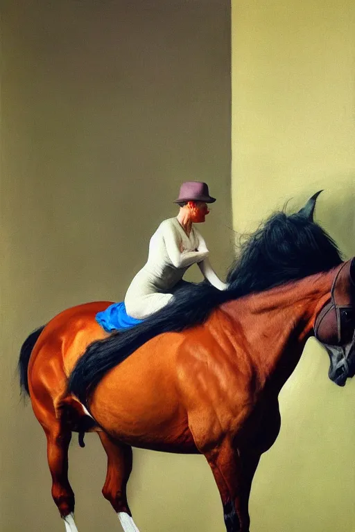 Prompt: a woman mounting a horse that looks like a man, hauntingly surreal, highly detailed painting by francis bacon, edward hopper, adrian ghenie, gerhard richter, and james jean soft light 4 k,