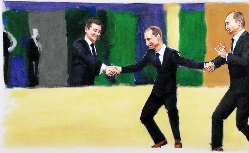 Prompt: zelensky and putin dancing, trending on art station