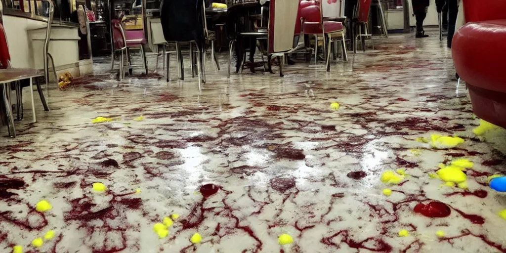 Image similar to inside a leaking freezer of melting ice cream cases is in an old fashioned ice cream parlor. the leak has made a big colorful puddle of melted ice cream on the floor and the puddle is reminiscent to the shape of werewolf fangs.