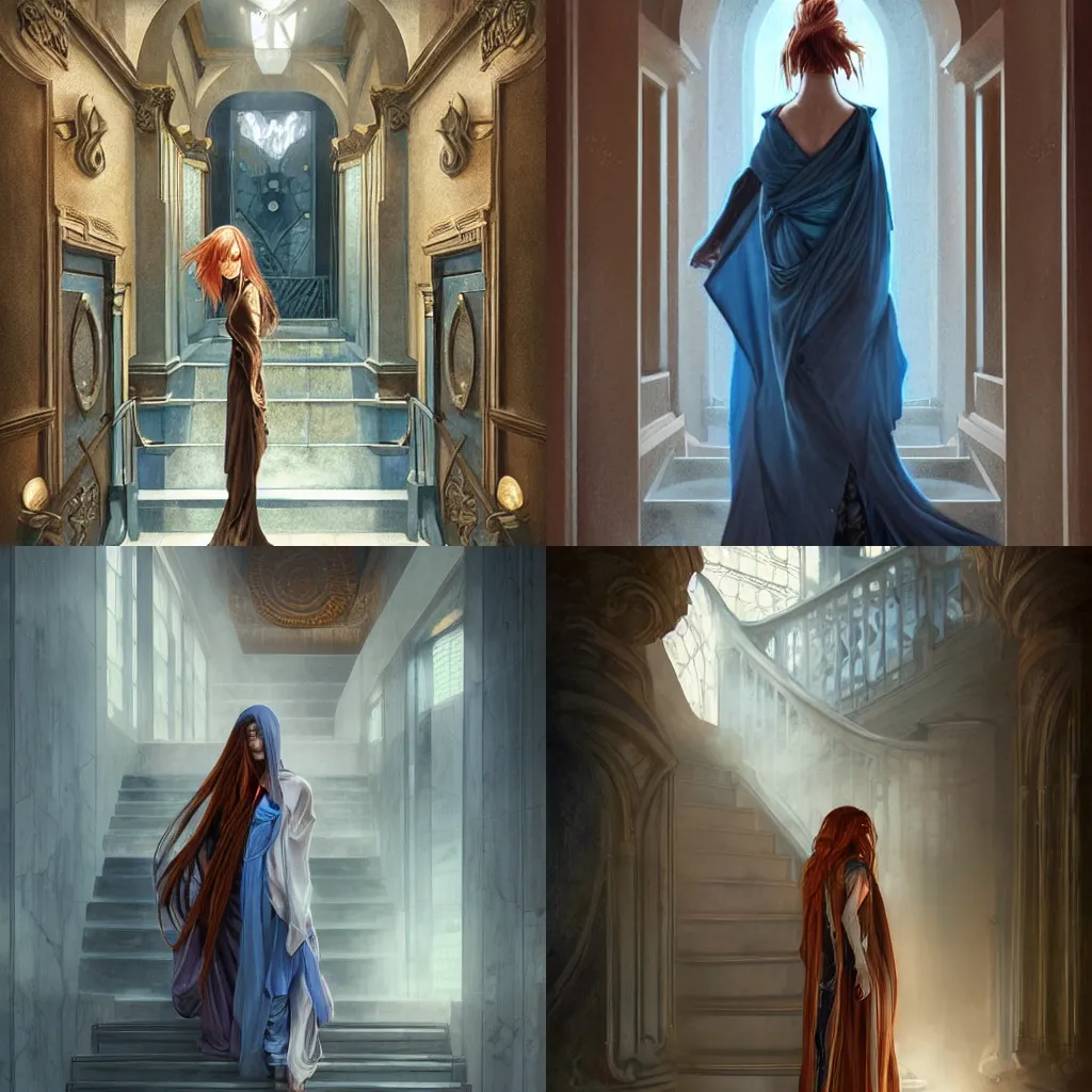 Prompt: maiden with copper hair, in blue and silver robes, walking down a marble stairwell, realistic, mysterious lighting, muted colors, fog, highly detailed, digital painting, Artstation trending, illustration, art by Artgerm and Greg Rutkowski and Alphonse Mucha