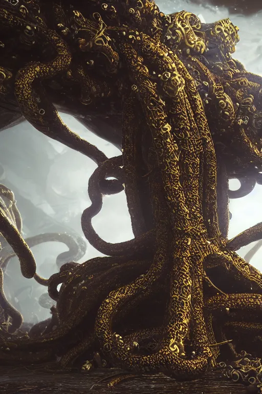 Image similar to giant ancient alien tentacles artwork by yoshitaka amano, black and gold, detailed background, extremely detailed, octane rendering, sharp focus, volumetric light, particles, unreal engine 5, rtx