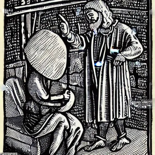 Image similar to peasant speaks on iphone. medieval engraving style