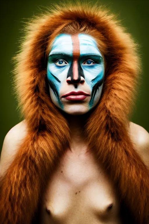 Prompt: a professional portrait photo of a neanderthal woman forest, face paint, ginger hair and fur, extremely high fidelity, natural lighting, national geographic magazine cover.