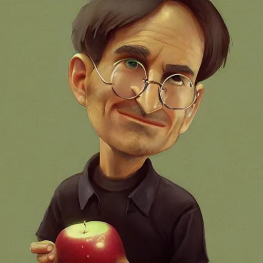 Image similar to a highly detailed epic cinematic concept art CG render digital painting artwork costume design: Steve Jobs as a student in a 1970s hippie costume holding a bitten apple. By Greg Rutkowski, Ilya Kuvshinov, WLOP, Stanley Artgerm Lau, Ruan Jia and Fenghua Zhong, trending on ArtStation, made in Maya, Blender and Photoshop, octane render, excellent composition, cinematic atmosphere, dynamic dramatic cinematic lighting, aesthetic, very inspirational, arthouse