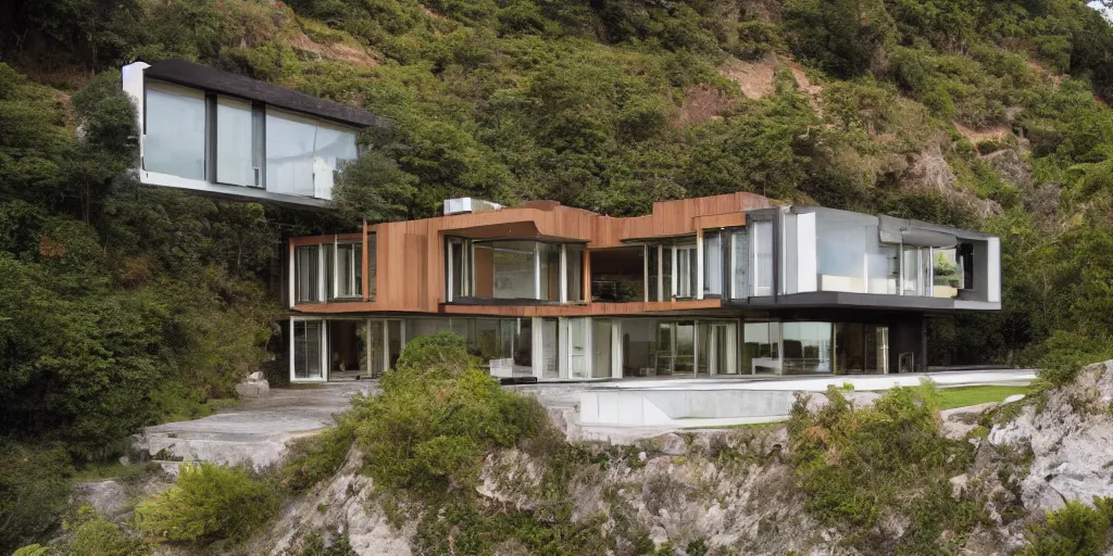 Image similar to a modernist residence on a cliffside with a waterfall