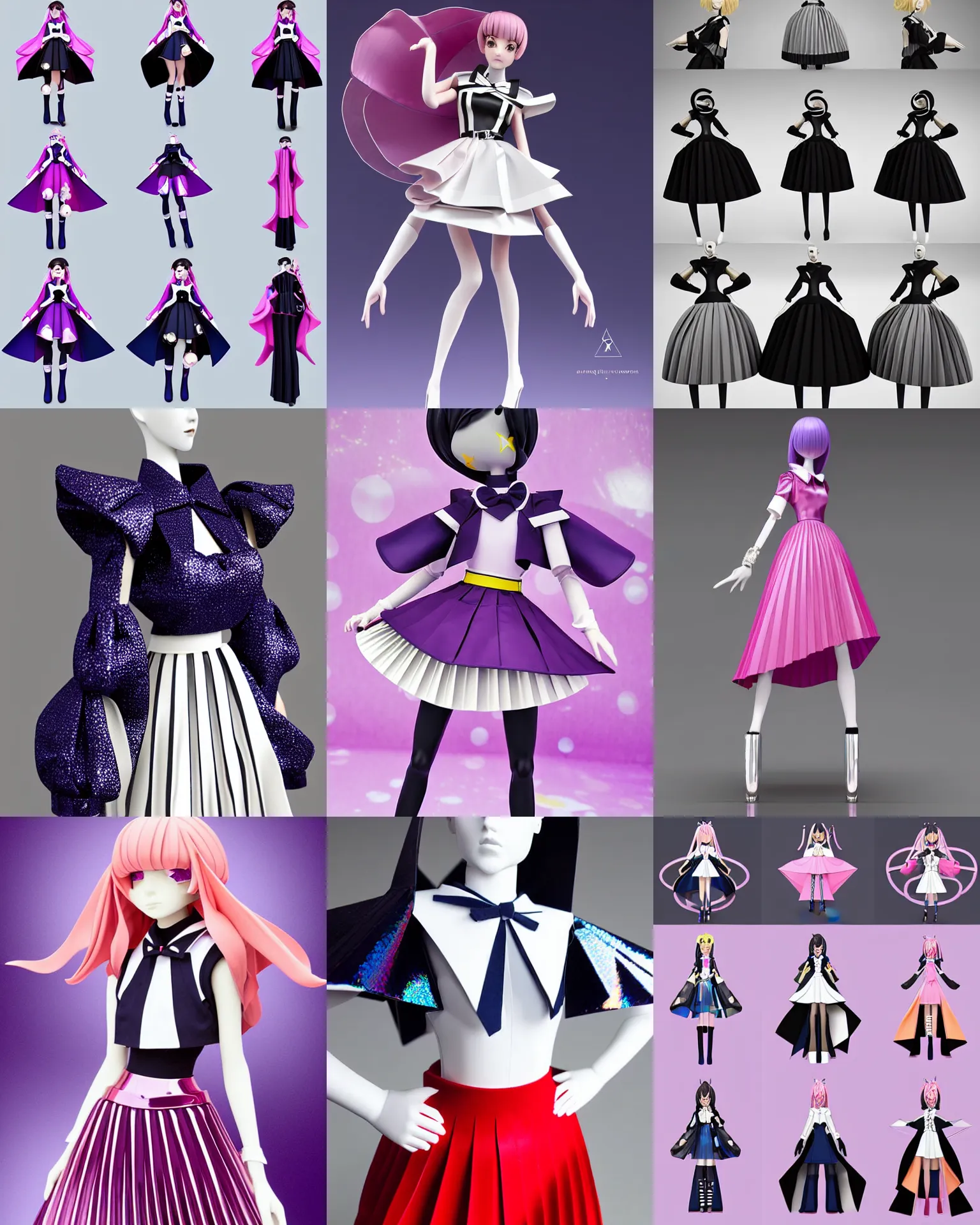 Prompt: designer magical girl figure collection haute couture, sailor uniform, midi skirt, coat pleats, synthetic curves striking pose, ball shaped accordion sleeve, dynamic folds, cute huge pockets hardware, volume flutter, youthful, modeled by modern designer bust, body fit, award fashion, holographic tones, expert composition, high detail, professional retouch, editorial photography