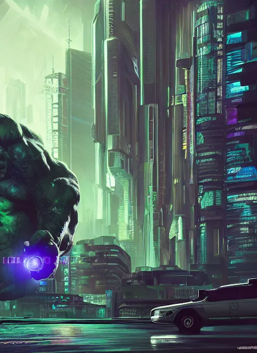 Image similar to cyberpunk scifi scene of a cybernetric modifed hulk, artstation, matt painting, very detailed, maximalism, ambient occlusion, volumetric light, atmospheric haze, unreal engine, hyper realism, realistic shading, cinematic composition, realistic render, octane render, detailed textures, photorealistic, wide shot