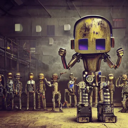 Prompt: a realistic crazy robot wearing a welding helmet, welding helmet head, one fist raised high in triumph, raised fist, standing in front of an army of robots inside a huge rusty dingy warehouse, highly detailed army of robots, raygun gothic, atomic punk, digital art, detailed render
