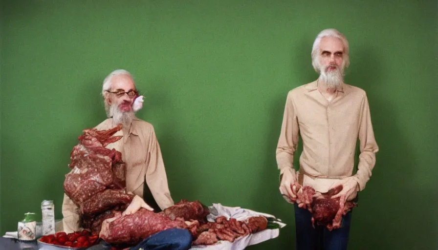 Prompt: 70s movie still of a ill skinny old man with meat clothes in a green wall hospital, eastmancolor, heavy grain, high quality, higly detailed, liminal space