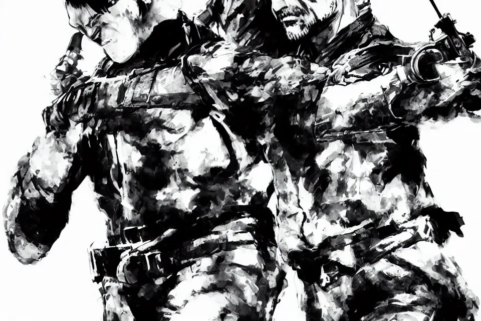 Image similar to a full - body portrait of chow yun - fat holding pistols, in yoji shinkawa's art style, metal gear solid art style highly detailed, 4 k, artistic, white background, b & w