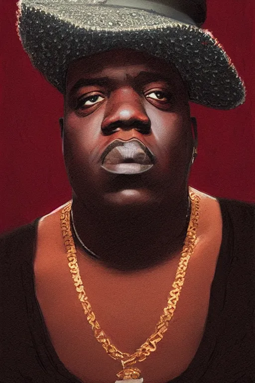 Image similar to portrait of notorious big with hat, staring directly into camera, intricate, elegant, glowing lights, highly detailed, digital painting, artstation, sharp focus, illustration, art by wlop, mars ravelo and greg rutkowski