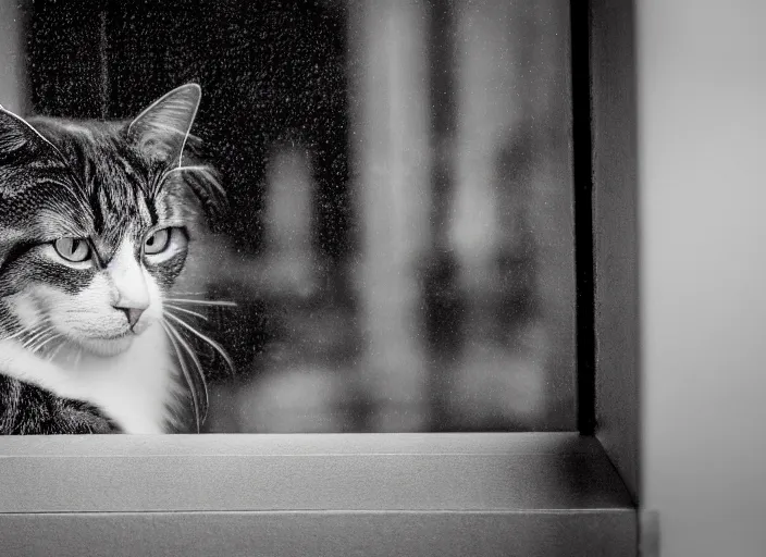 Image similar to photography of a Cat . watching outside the window while it rains. on a bed. in a room full of vinyls and posters, photorealistic, raining award winning photo, 100mm, sharp, high res