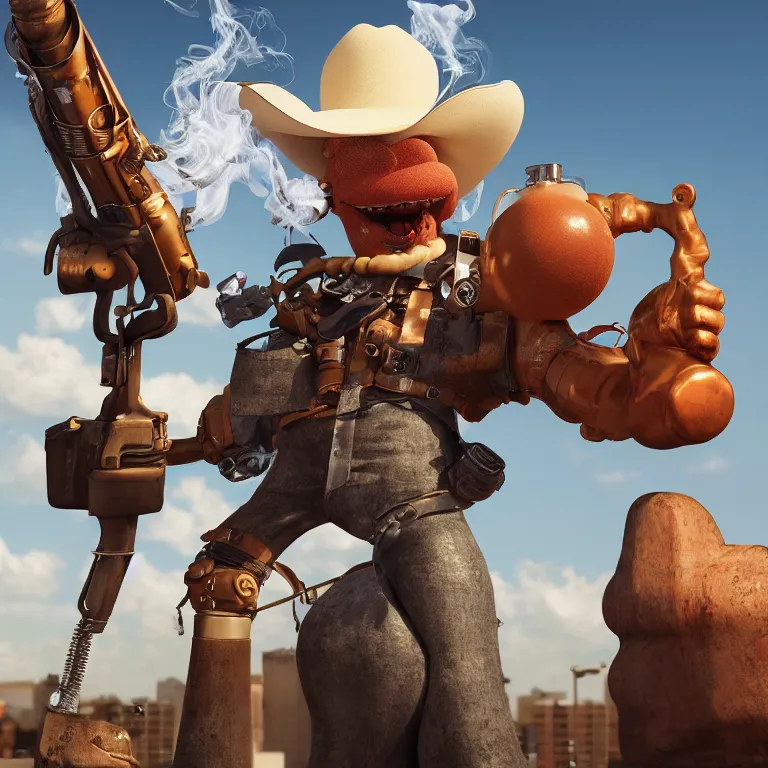 Image similar to octane render portrait by wayne barlow and carlo crivelli and glenn fabry, a man wearing a giant foam cowboy mascot costume holding a giant reflective shiny chrome revolver with smoke coming out of the barrel, cinema 4 d, ray traced lighting, very short depth of field, bokeh