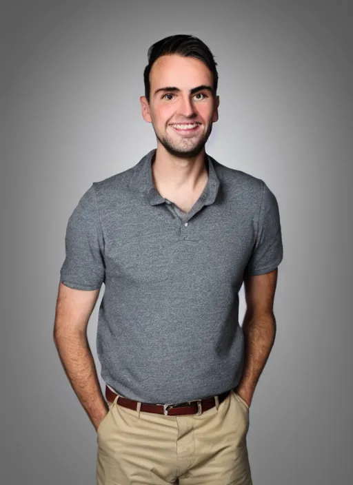 Image similar to professional full body photo of a tall late-20s caucasian man with short dark-brown hair, stubble, and bold eyebrows