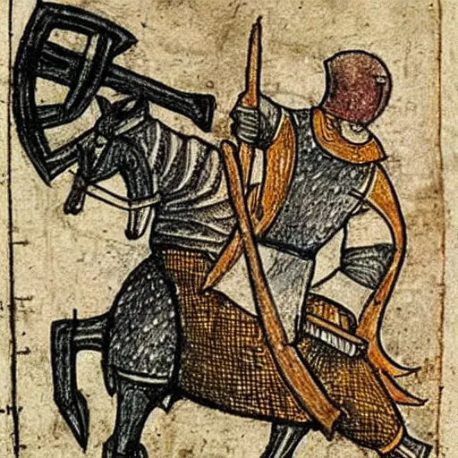 Image similar to medieval drawing of a Knight in battle with AK-47