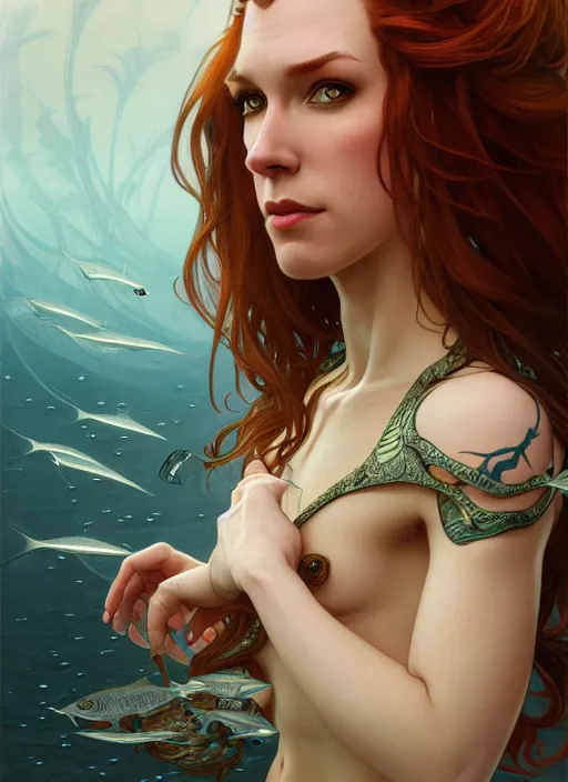 Image similar to marisha ray as a fish, intricate, elegant, highly detailed, digital painting, artstation, concept art, smooth, sharp focus, illustration, art by artgerm and greg rutkowski and alphonse mucha, 8 k