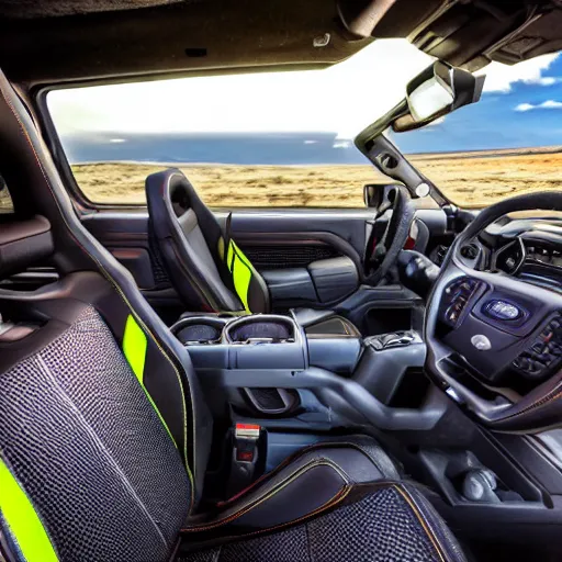 Prompt: the driver seat from a ford raptor in alberta, 4 k high - resolution photograph, ultra detail, hd photo