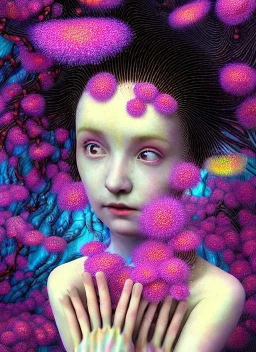 Image similar to hyper detailed 3d render like a Oil painting - kawaii portrait Aurora (black haired Fae) seen Eating of the Strangling network of yellowcake aerochrome and milky Fruit and Her delicate Hands hold of gossamer polyp blossoms bring iridescent fungal flowers whose spores black the foolish stars by Jacek Yerka, Mariusz Lewandowski, Houdini algorithmic generative render, Abstract brush strokes, Masterpiece, Edward Hopper and James Gilleard, Zdzislaw Beksinski, Mark Ryden, Wolfgang Lettl, hints of Yayoi Kasuma, octane render, 8k