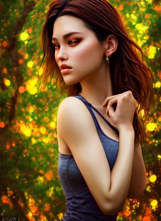 Image similar to photo of a gorgeous female in the style of stefan kostic, realistic, half body shot, sharp focus, 8 k high definition, insanely detailed, intricate, elegant, art by stanley lau and artgerm, extreme bokeh foliage