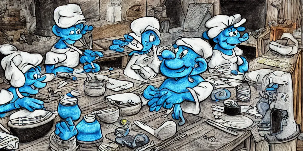 Prompt: high detailed color drawing of smurfs and long white bones black and white, tables, tools, leaking oil, line art, pen & ink drawing