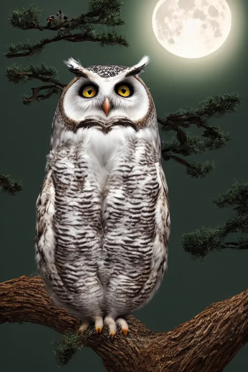 Prompt: portrait of a fluffy owl on top of a white teacup in the tree branch with full moon in background, full body. pixar disney 4 k 3 d render funny animation movie oscar winning trending on artstation and behance, ratatouille style