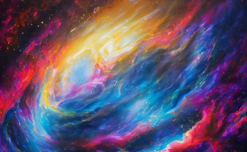 Image similar to an abstract oil painting of an unbelievably beautiful space nebula; all swirling light and fire; hyper-detailed; an extraordinary masterpiece!!!; flawless; trending on artstation