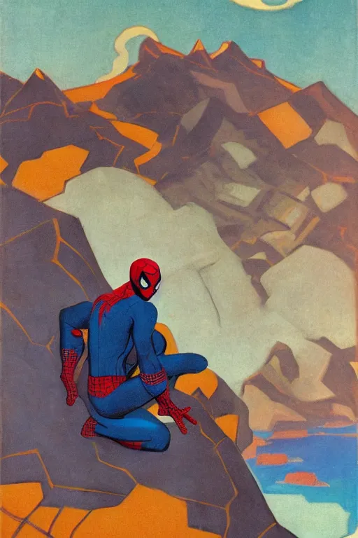 Image similar to spiderman stay on mountain, marvel, artwork by nicholas roerich,