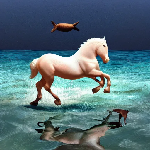 Image similar to horse swimming in the ocean with fork and knife, photorealistic, high detail