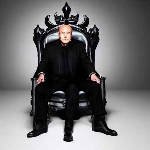 Image similar to a photograph of dr. phil as an evil supervillain, wearing all black, sitting in a throne