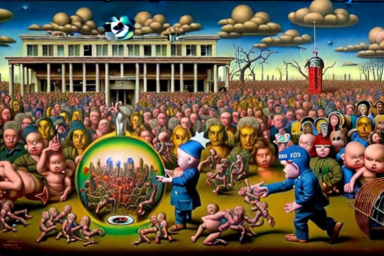 Image similar to a sparsely populated strange battle in an old hospital between old people and babies Robert Williams Mark Ryden and Alex Gross, Todd Schorr highly detailed deep perspective perfect composition