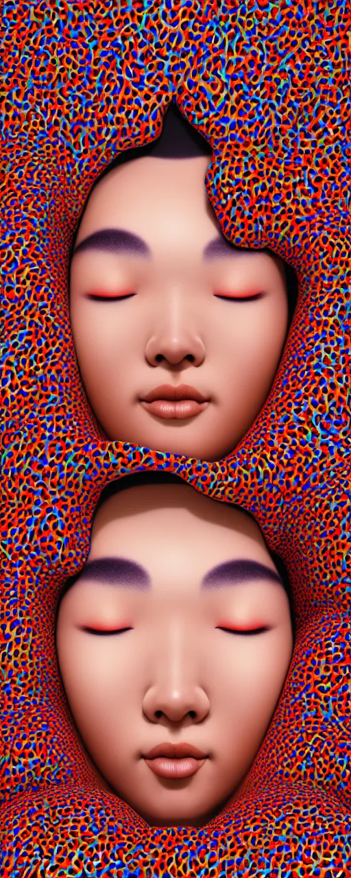 Image similar to realistic detailed image of a geisha laying down in a padded room, conjuring psychedelic background, part by yayoi kusama, part by alex gray, part by ross tran, part by james jean, ultra realistic, highly detailed, life like face, detailed body, 8 k, octane render, trending on artstation, very cohesive, masterpiece