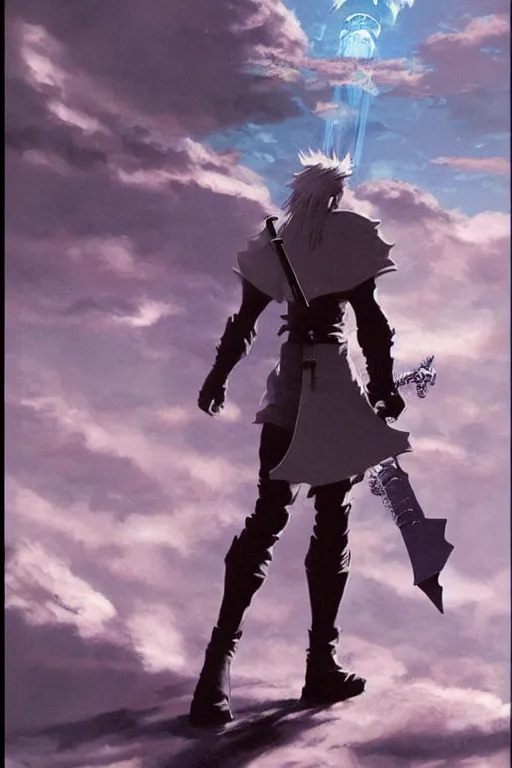 Image similar to Final Fantasy 7’s Cloud with a sword, concept art, by James Gurney and Jean Moebius Giraud, artstation.