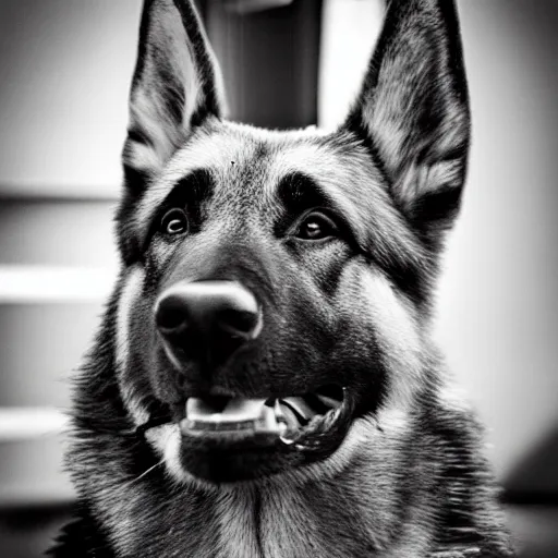 Prompt: a humanoid german shepherd, he wears a gray shirt.