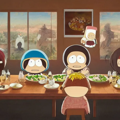 Prompt: milk - chan and ike from south park and stewie from family guy and bobby from bobby's world all sitting at the dinner table. in the style of the last supper by ruan jia fenghua zhong, ryohei hase, ismail inceoglu