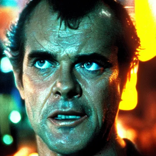 Image similar to !dream 32 year old Jack Nicholson on blade runner 1982, movie still, face close-up, in color, detailed face, 4k,