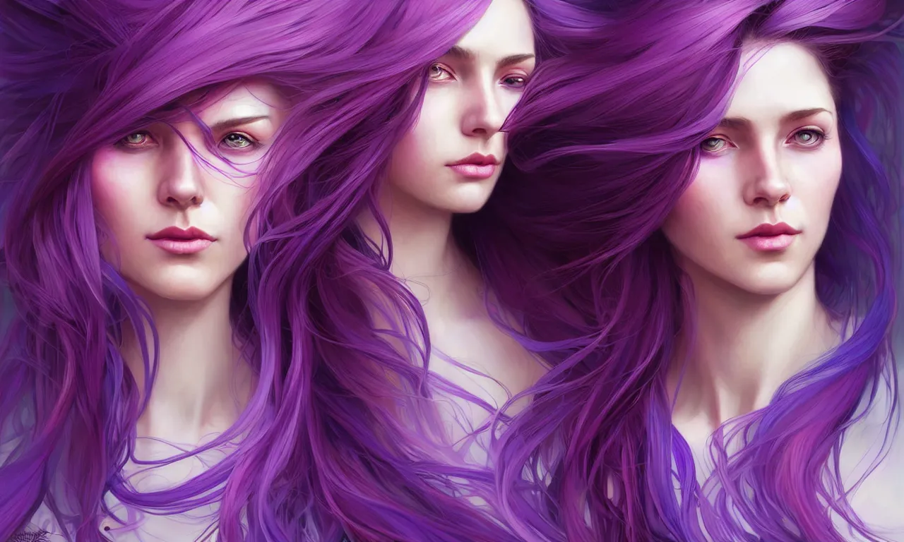 Image similar to Portrait of a woman with bright colored flying hair, all shades of purple. Hair coloring, amber eyes, face, long hair, fantasy, intricate, elegant, highly detailed, digital painting, artstation, concept art, smooth, sharp focus, illustration, art by artgerm and greg rutkowski and alphonse mucha