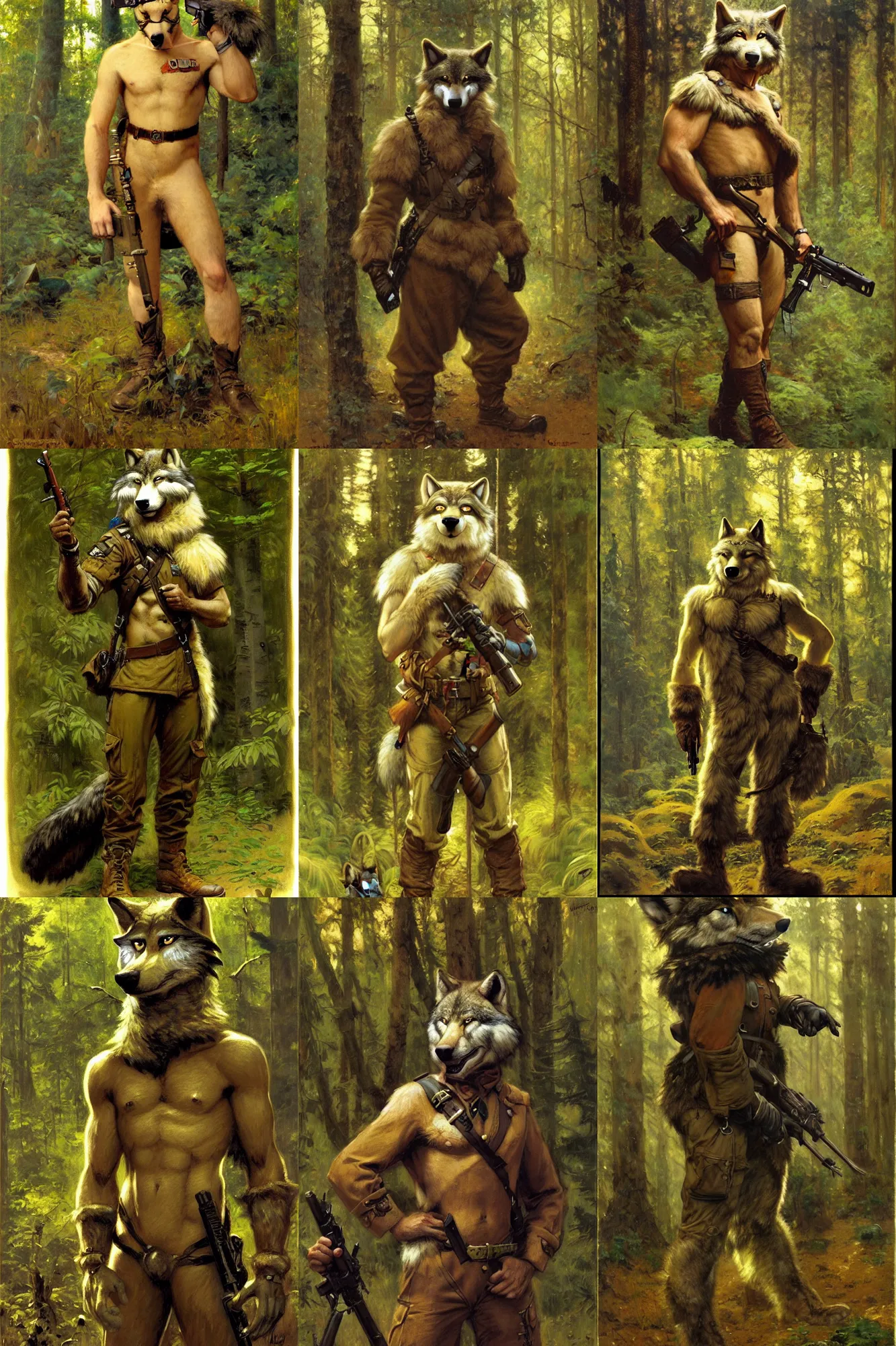 Prompt: anthropomorphic furry wolf modern soldier in a forest, character design, painting by gaston bussiere, craig mullins, j. c. leyendecker, tom of finland